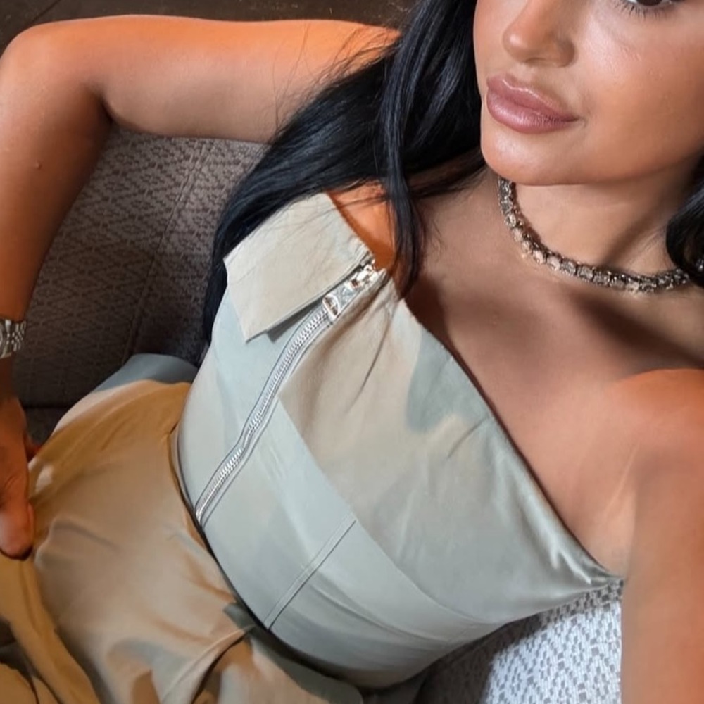 Zara NWT pale olive green zipper front foldover strapless bandeau tube jumpsuit - Picture 3 of 17